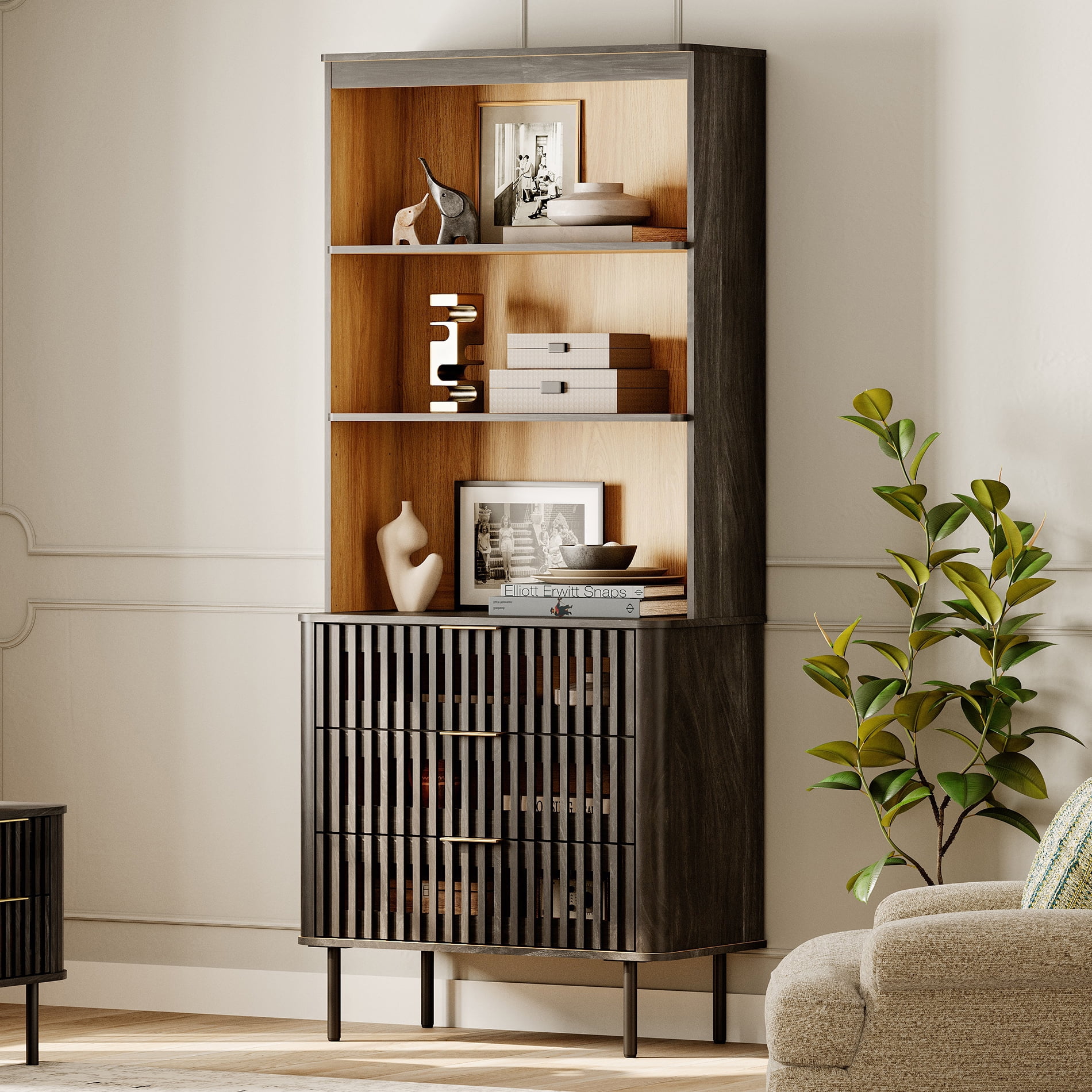 WAMPAT 72.8" Tall 3-Tier Bookshelf with 3 Large Drawers, Modern Bookcase with Storage, Adjustable Shelves, Wood Storage Cabinet, Black