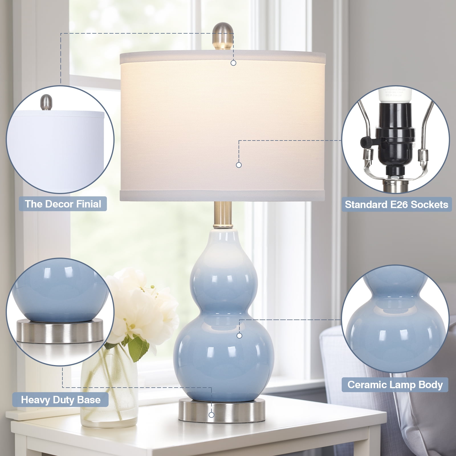 Cinkeda Ceramic Table Lamp Set of 2 for Bedroom Living Room 22" Modern Blue Double Gourd Nightstand Bedside Lamps