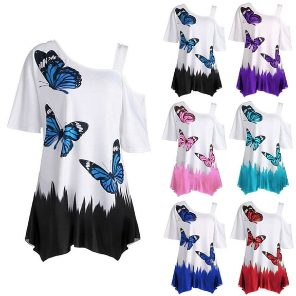 Pntutb Womens Cold Shoulder Butterfly Print Short Sleeve Plus-Size Shirt Blouse Tops