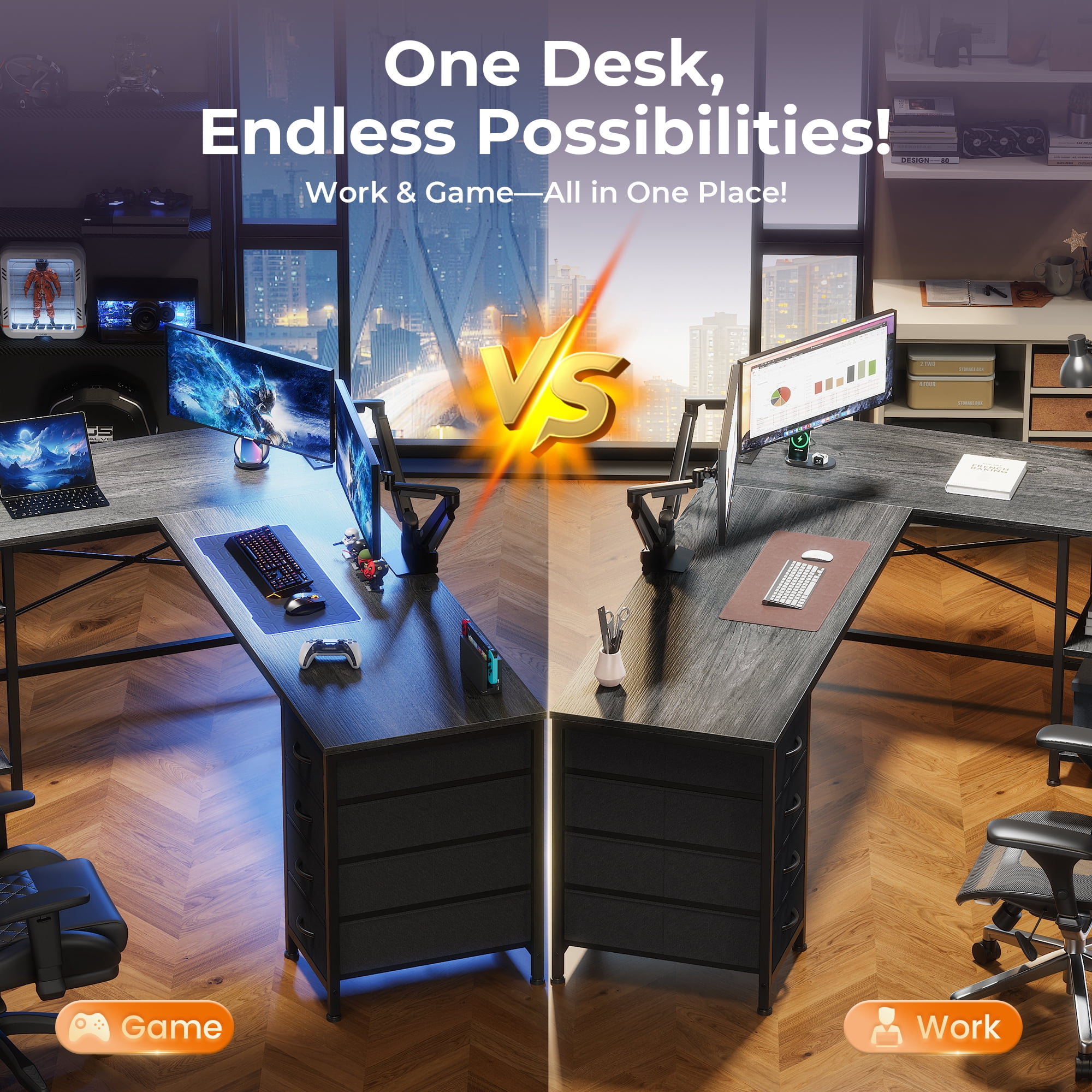 63 Inch L-Shaped Desk with Fabric Drawers, Reversible Home Office & Gaming Desk with Power Outlets, USB-C, and Adjustable Storage Shelves