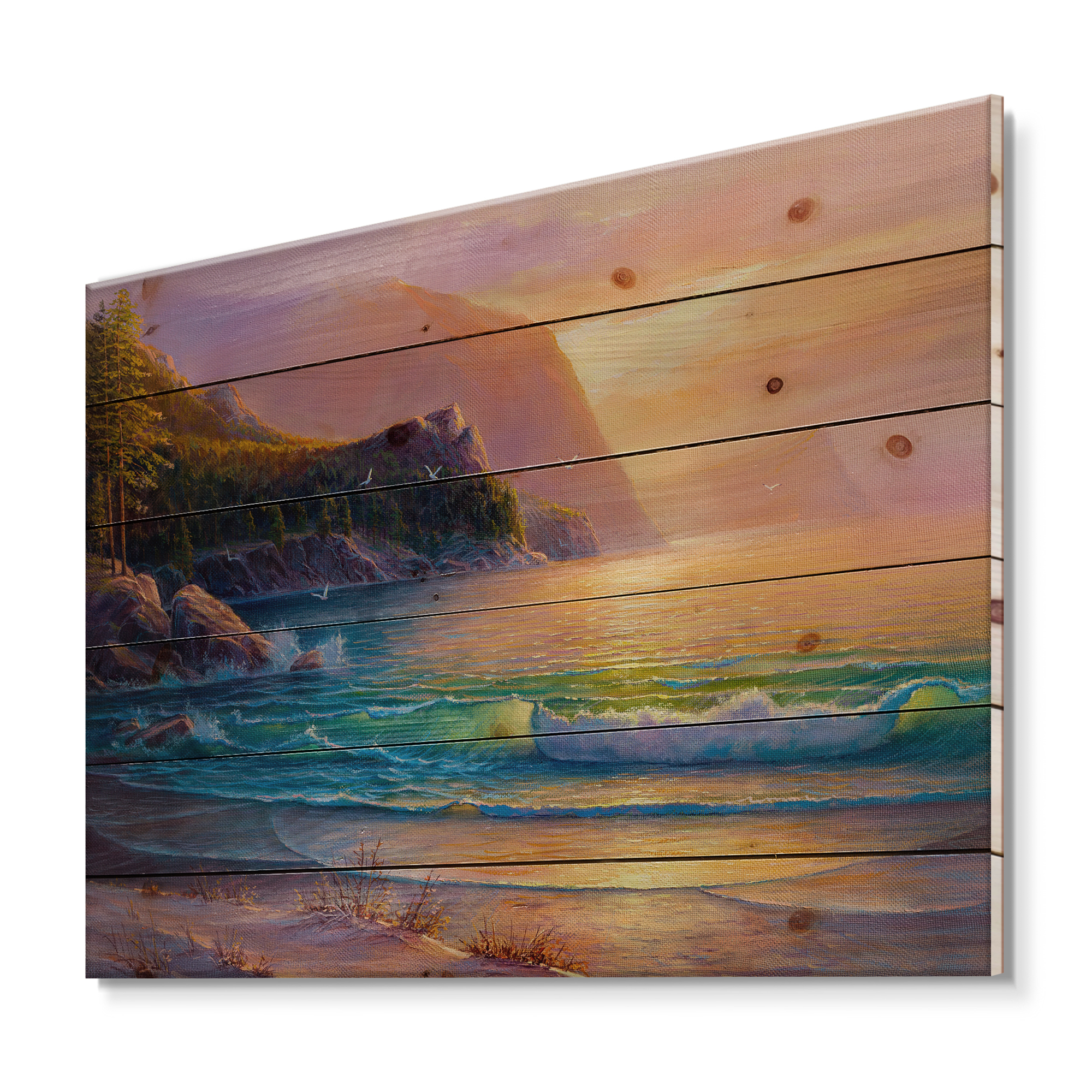 Designart 'Romantic Beach During Warm Evening' Nautical & Coastal Print on Natural Pine Wood
