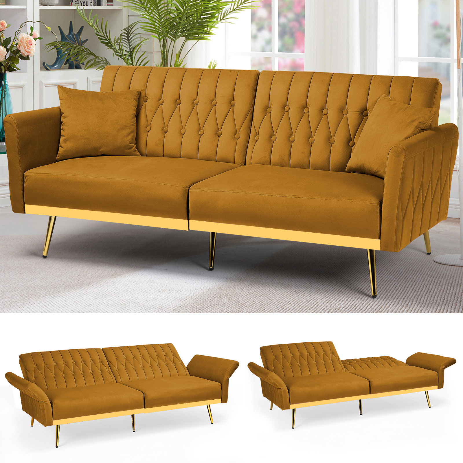 ACMEASE 70” Velvet Futon Sofa Bed with Adjustable Armrests and 2 Pillows, Convertible Futon Couch, Ginger