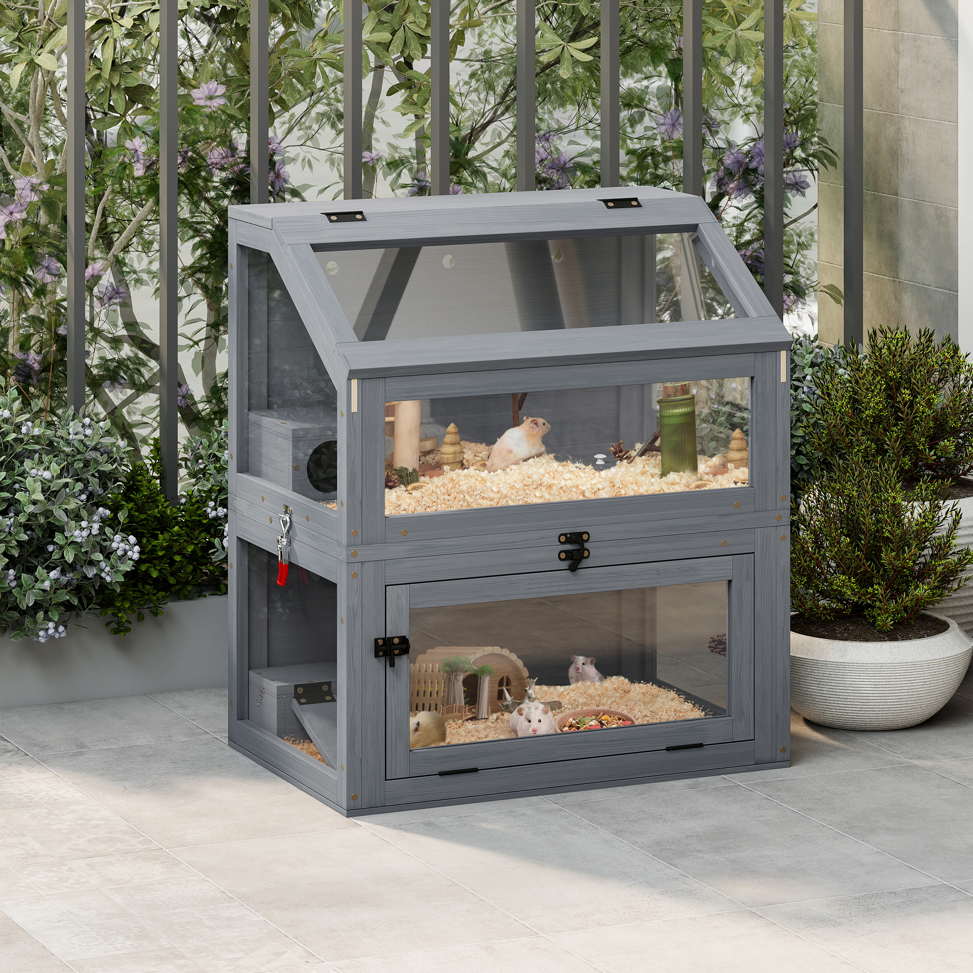COZIWOW 2-Tiers Wood Hamster Cage with Hideouts, Ramps, Acrylic Window, Door Access for Small Animals, Gray