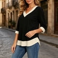 thumbnail image 5 of Warop Women's Summer Color Block V Neck 3/4 Sleeve Top Contrast Cuff Hem Casual Loose Tee Blouse for Daily Outing, 5 of 9