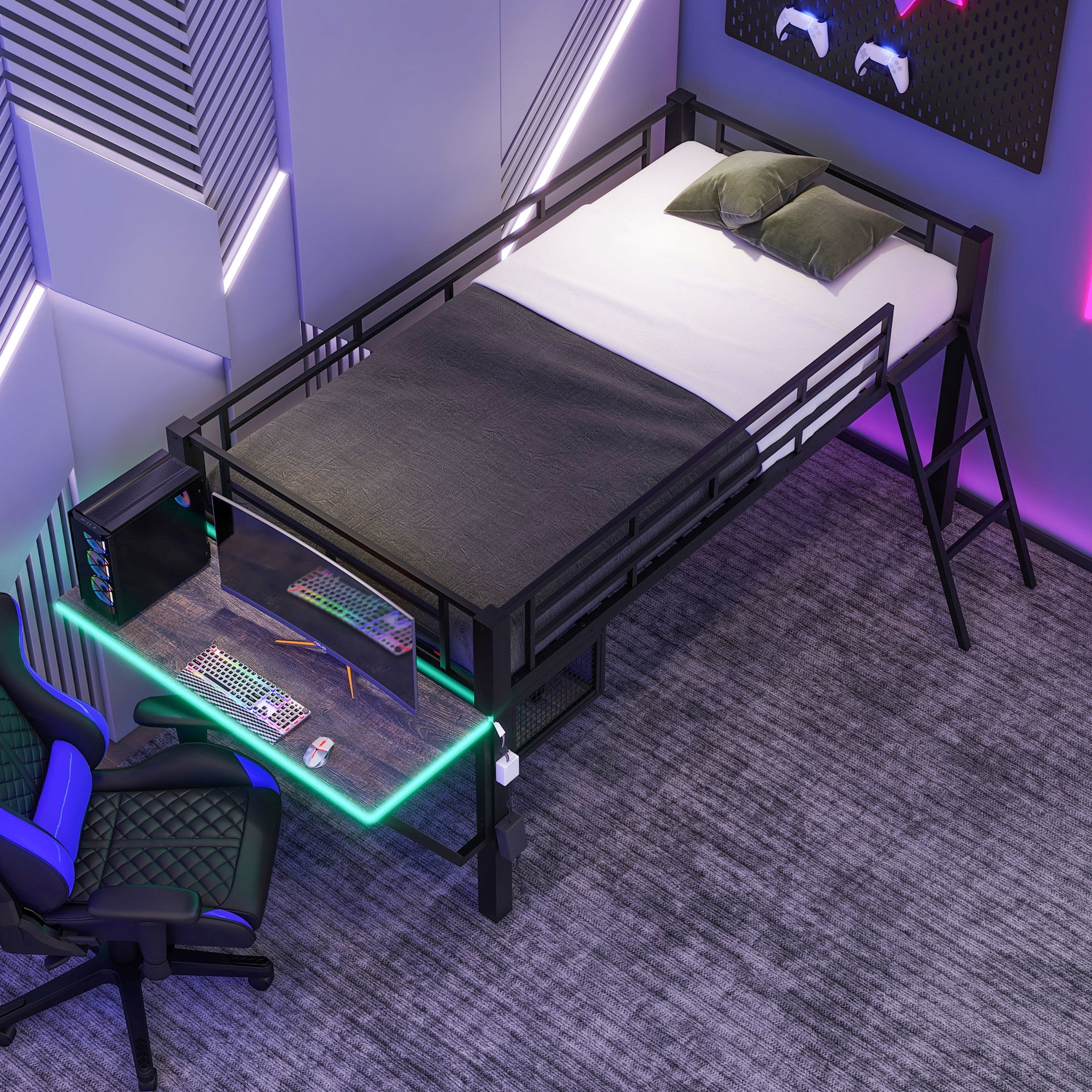 Noble House Twin Gaming Mid Loft Bed, Metal Frame with Desk and Customizable LED Lights, eSport-Inspired, Black