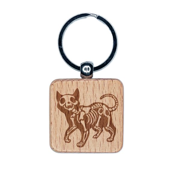Creepy Skeleton Cat Halloween Square Keychain Charm Tag - Engraved Wood