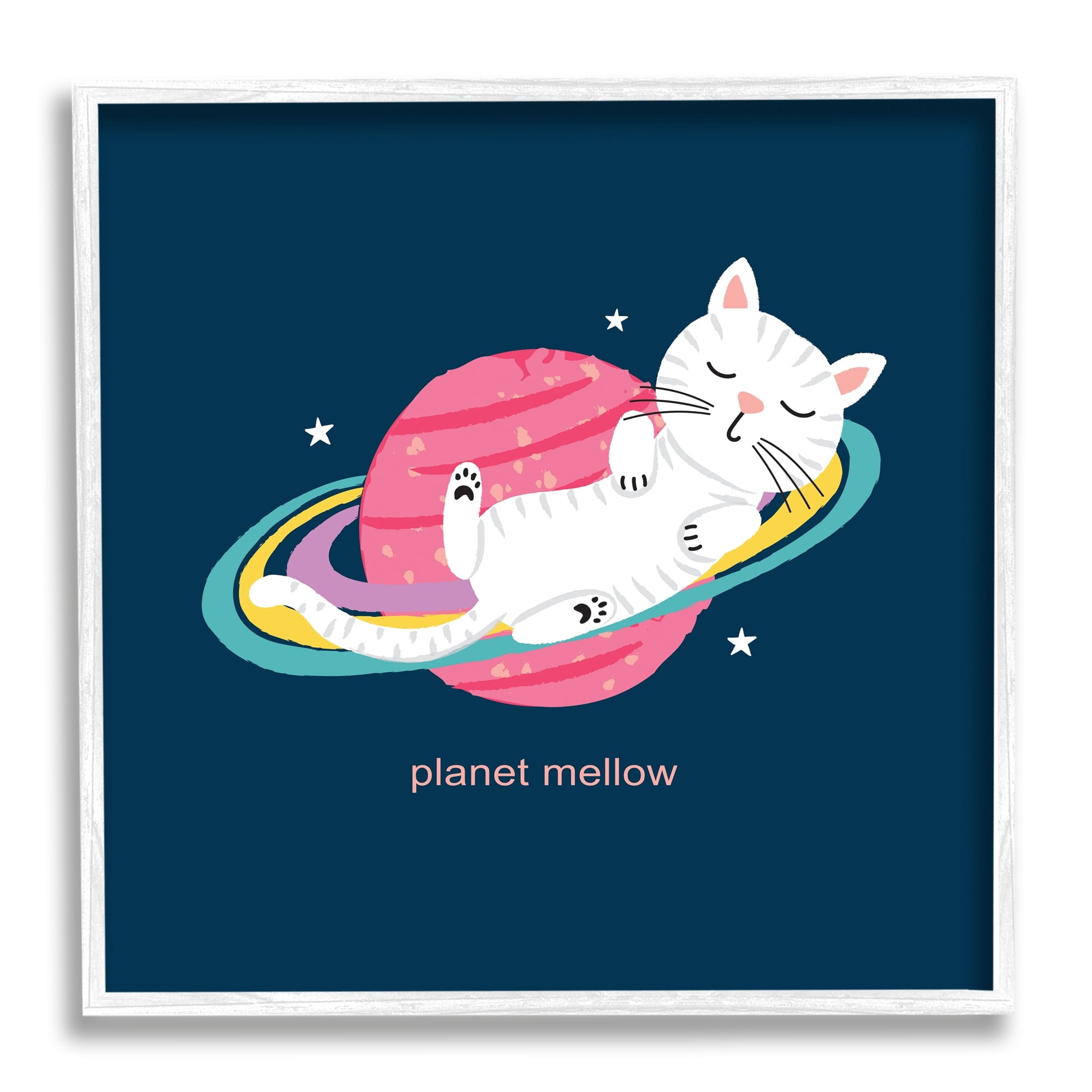 Stupell Industries Planet Mellow Tired White Cat Sleeping Saturn Rings Framed Wall Art, 17 x 17, Design by Lisa Perry Whitebutton