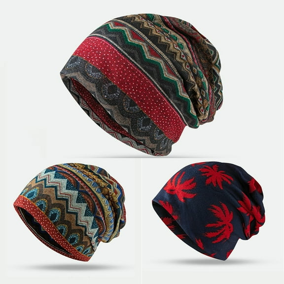 dianhelloya Unisex Winter Hat Vintage Ethnic Print Colorful Elastic Anti-slip Regular Fit Baggy Soft Warm Wide Band Colorfast Women Men Beanie Yellow