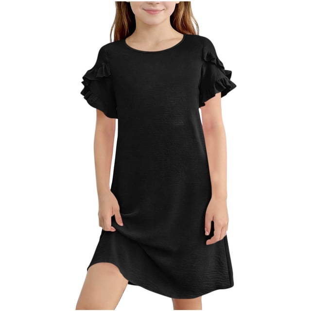 Floleo Robe Unie pour Filles, Manches Courtes à Volants, Printemps Été, Décontractée, Ajustée, Style Long, Mode (Noir, 12-13 Ans)