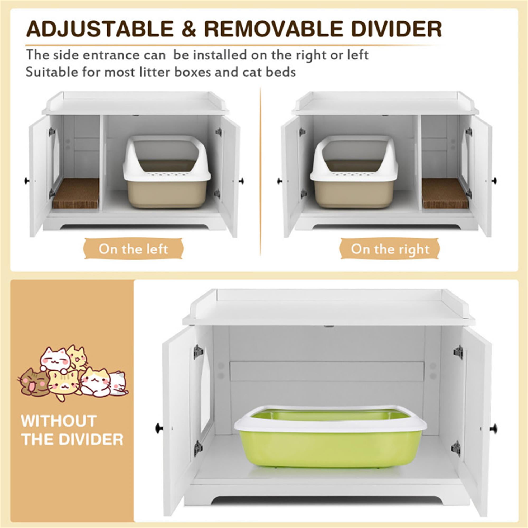 Kadyn 29" Wooden Cat House with Scratching Pad and Adjustable Divider, Cat Litter Box Furniture Hidden, Cat Washroom Enclosure, White