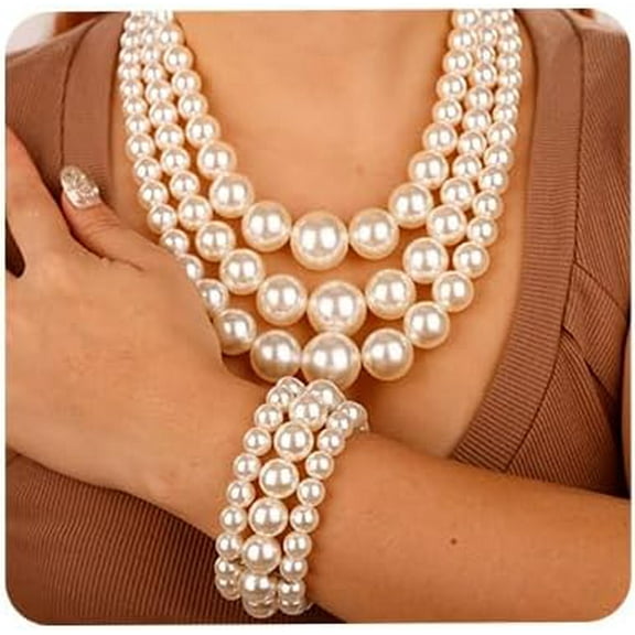 Multi Strand Layered Faux Pearl Necklace with Earrings and Bracelet Chunky Pearl Choker Necklace Jewelry Set for Women (White)