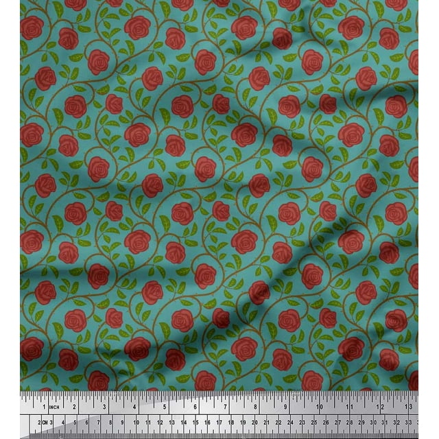 Soimoi Moss Georgette Fabric Leaves & Rose Floral Printed Fabric 1 Yard 42 Inch Wide