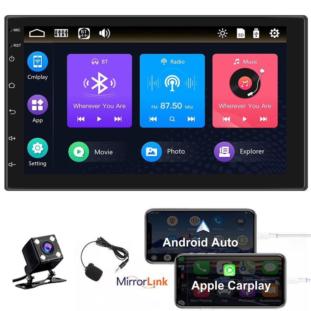 Podofo Double 2 Din 7'' Car Stereo Radio with Apple Carplay Android Auto HD Touch Screen Car MP5 Multimedia Player Bluetooth Mirror Link USB,with Rearview Camera