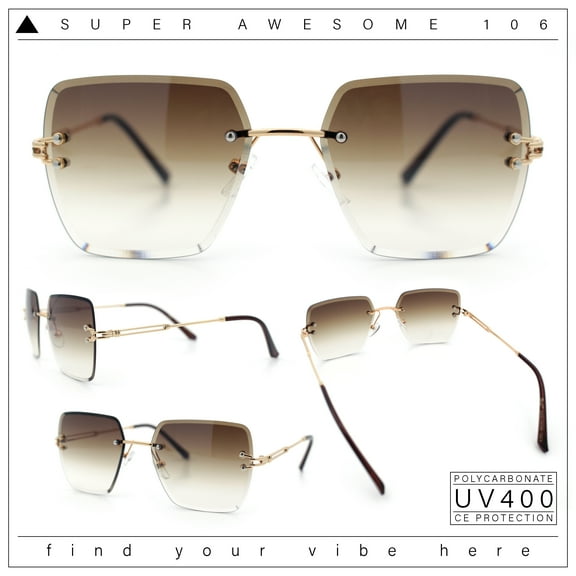 Womens Rimless Oversized Rectangle Designer Fashion Metal Rim Sunglasses Gold Brown - Brown
