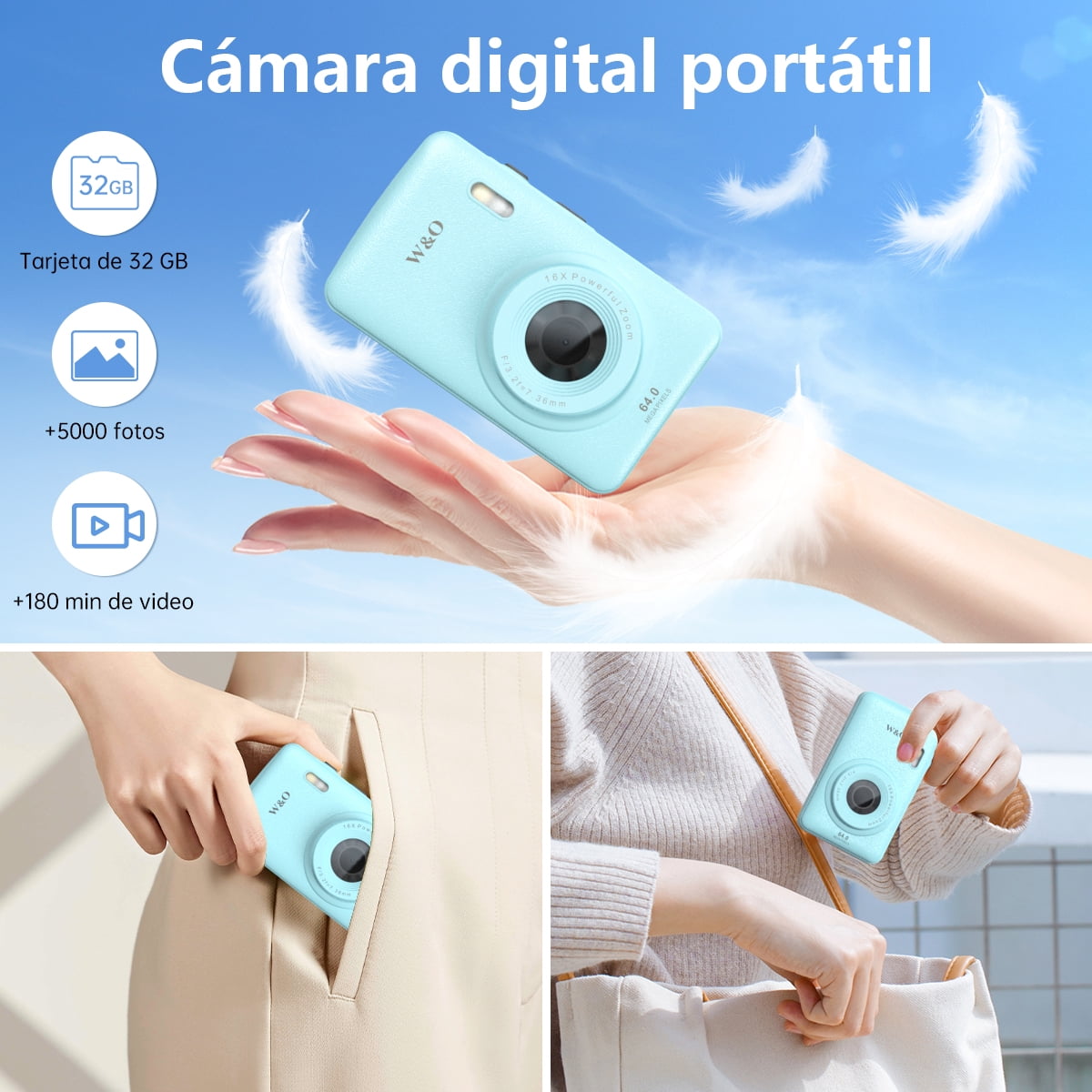 W & O Q3 Portable 16x Digital Zoom 48 MP CCD Point & Shoot Digital Camera with 32GB SD Card, Blue