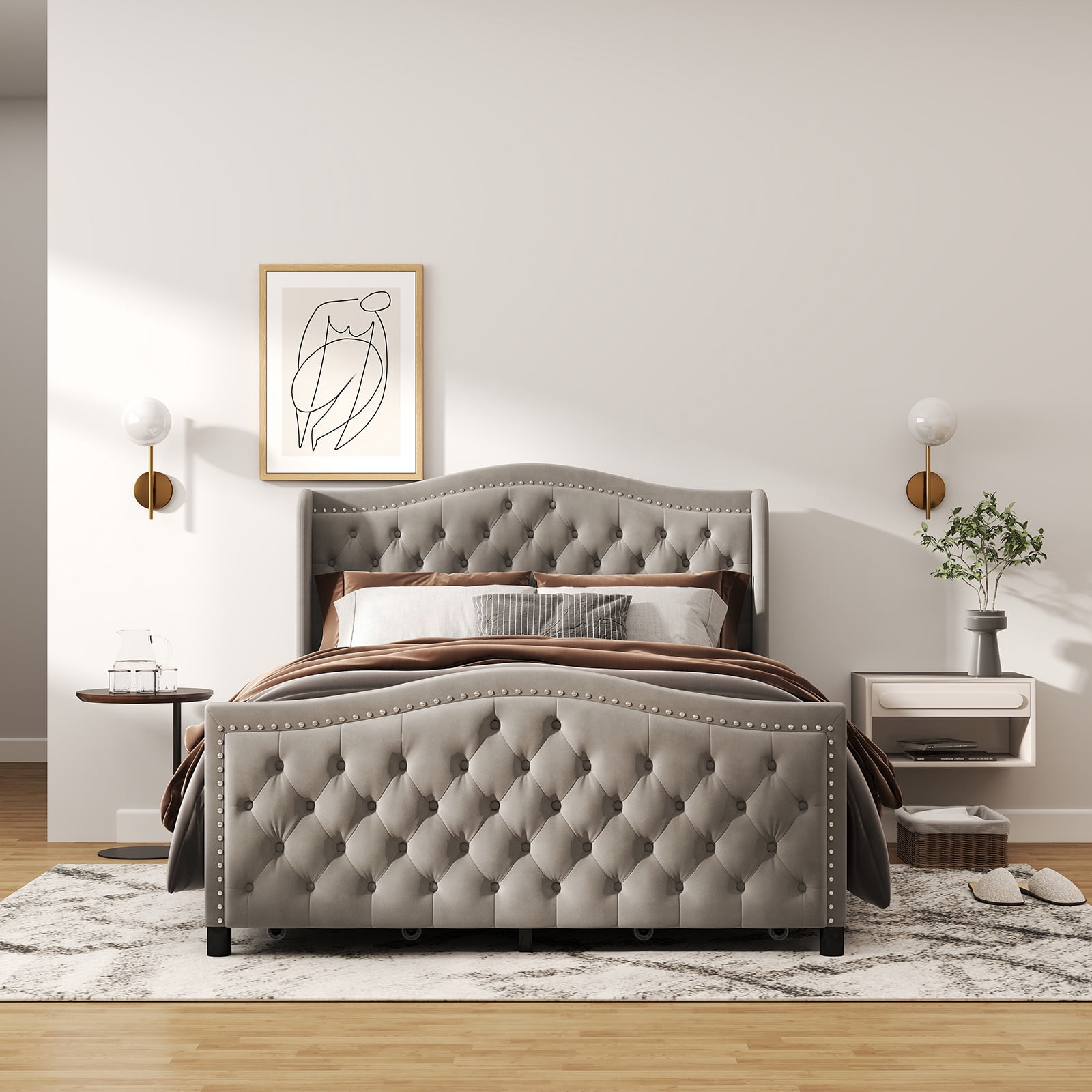 Bonzy Home Platform Bed Frame Full Size Velvet Upholstered Sleigh Bed with Scroll Wingback Headboard & Footboard/Button Tufted with Storage Easy Assembly Gray