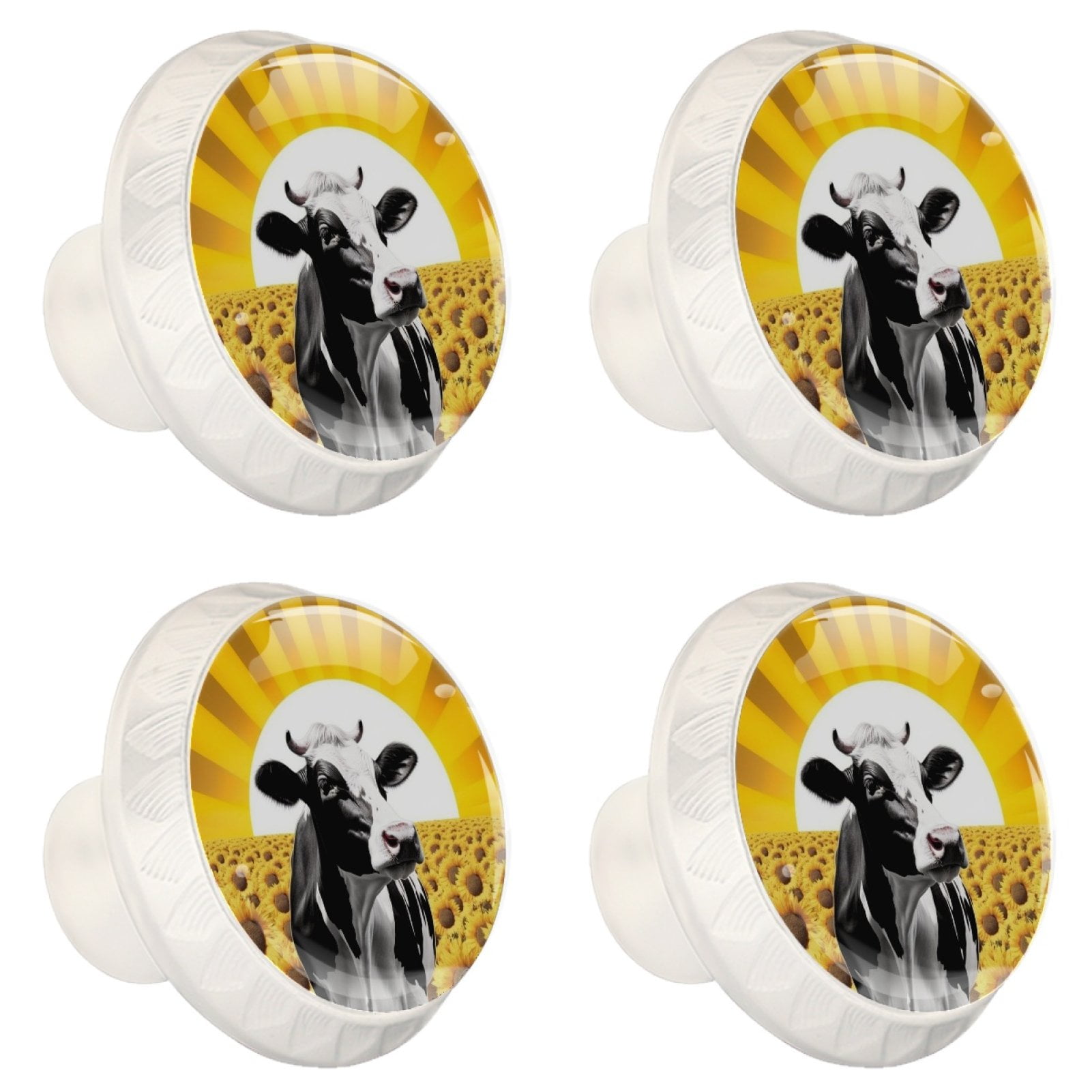4 Pcs Cow and Sunflower Knobs for Kitchen Cabinet Cupboard Dresser Bookcase Drawer Pulls Handles Round Home Decor
