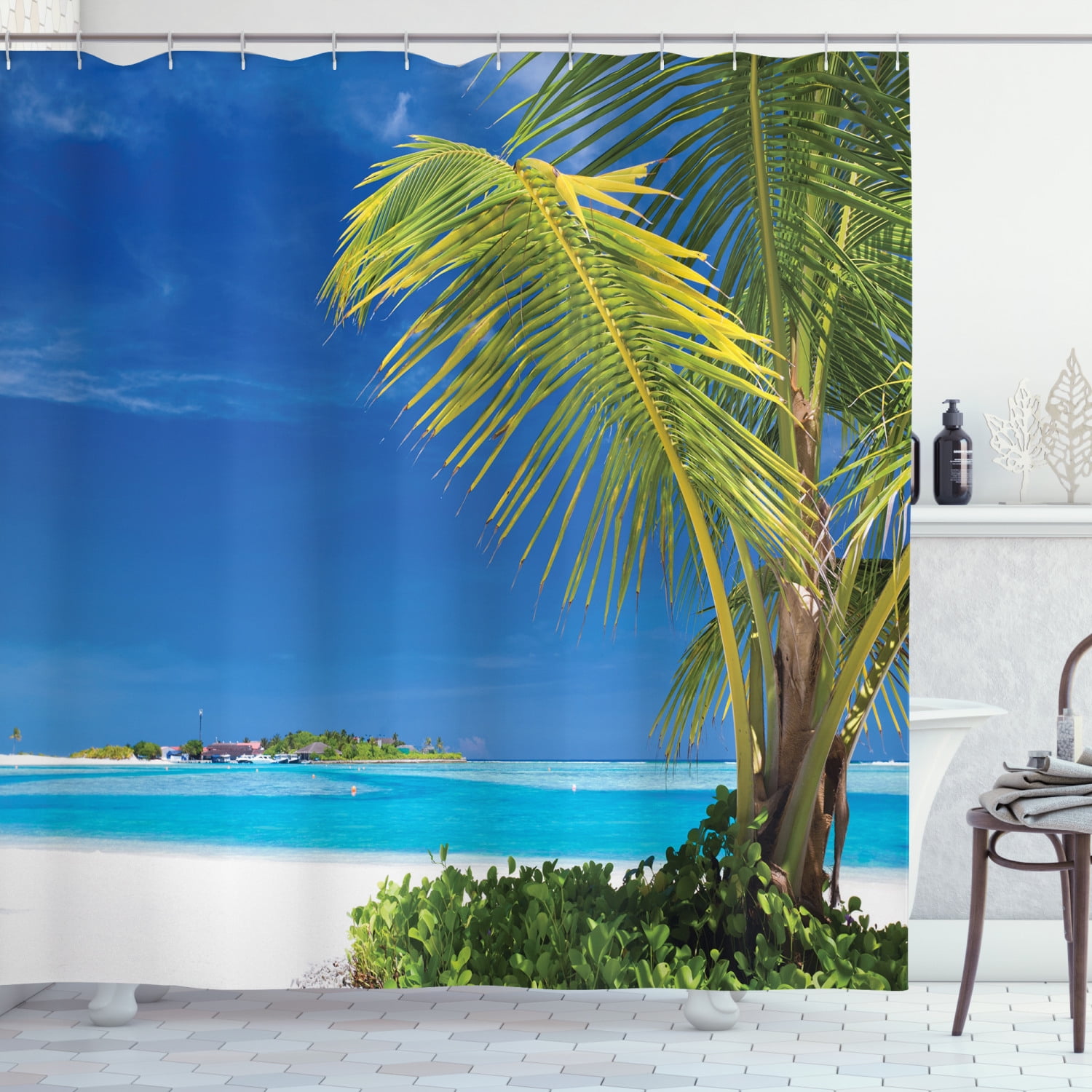 Ocean Shower Curtain, Caribbean Polynesia Tropics Small Palm Trees