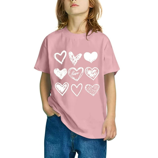 T-Shirt à Manches Courtes pour Enfants avec Imprimé Cœur de la Saint-Valentin et Col Rond pour Garçons de 3 à 14 Ans