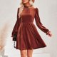 thumbnail image 4 of Vestido de manga con volantes para mujer color sólido cuello alto talle traje básico de vacaciones, 4 of 9
