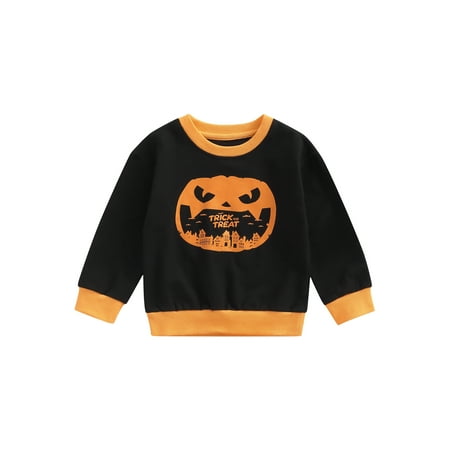 

Toddler Baby Boys Girls Halloween Sweatshirt Pumpkin Pullover Letter Skeleton Pumpkin Print Long Sleeve T-Shirts Tops Tees