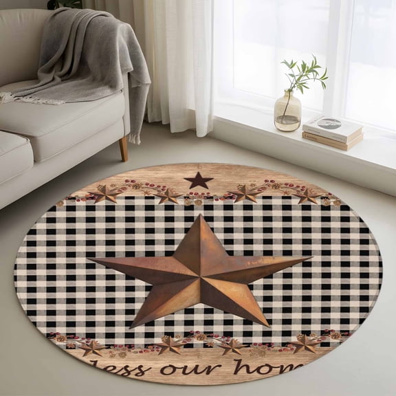 Small Round Rug 3Ft Washable Non-Slip, Western Texas Star Vintage Circle Area Rugs for Living Room Bedroom, Rustic Wreath Wood Black Plaid Indoor Floor Mats Carpet Runner for Home Decor
