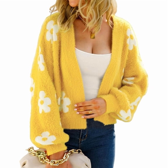 Women'S Cute Daisy Cropped Knitted Cardigand Open Front Long Sleeve Loose Sweater Jackets Outwear Yellow XL