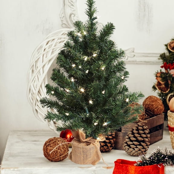 2-Foot Light Northern Spruce Tabletop Christmas Tree with Burlap Base – Artificial Holiday Decoration