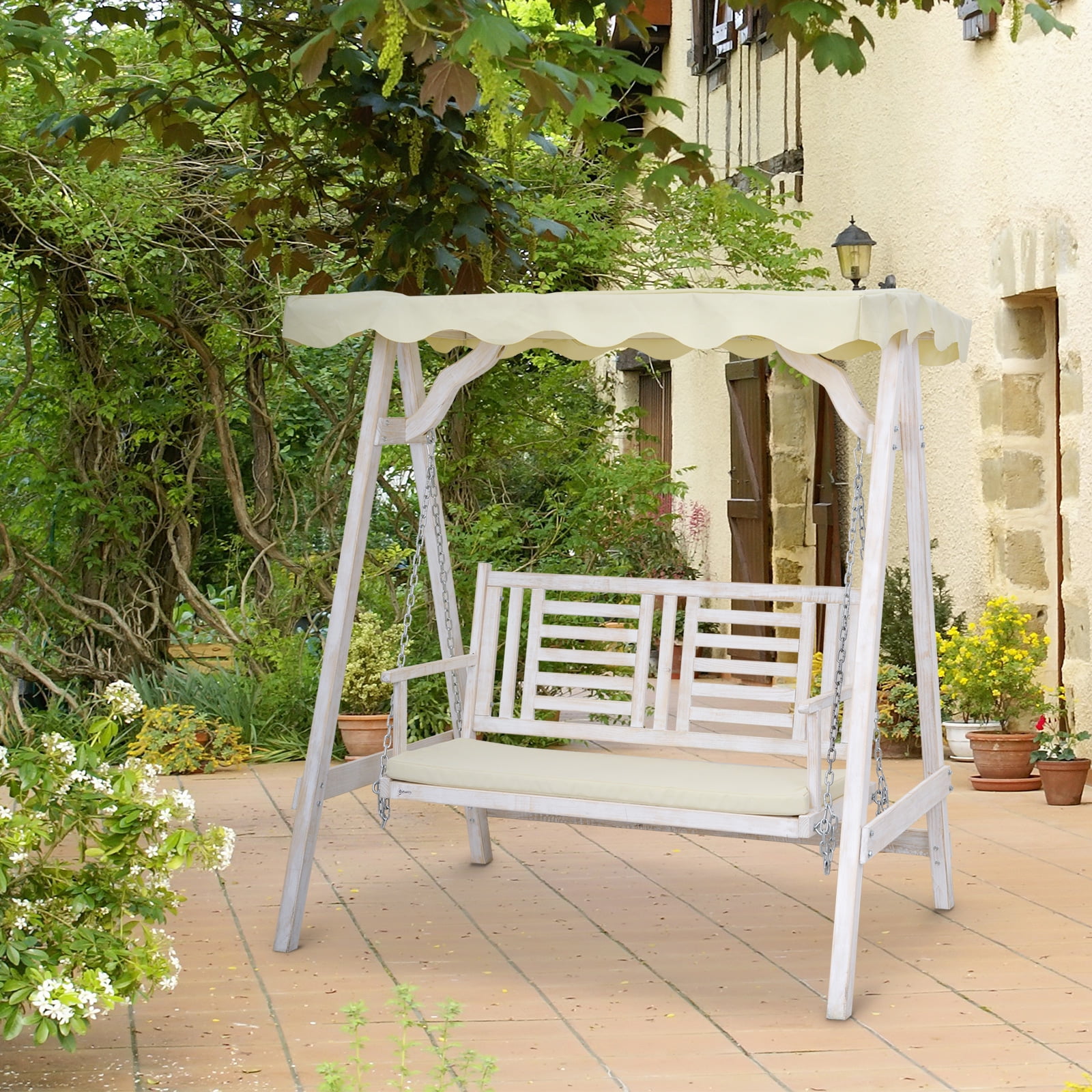 Outsunny 2 Seater Patio Swing with Stand Canopy and Cushion Outdoor Swing Chair Wooden Swinging Bench Walmart