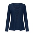 thumbnail image 7 of Dezsed Women's Lace Trim Tunic Tops Dressy Casual Crew Neck Long Sleeve Hollow Out Solid Color Blouses Shirts Navy L, 7 of 7