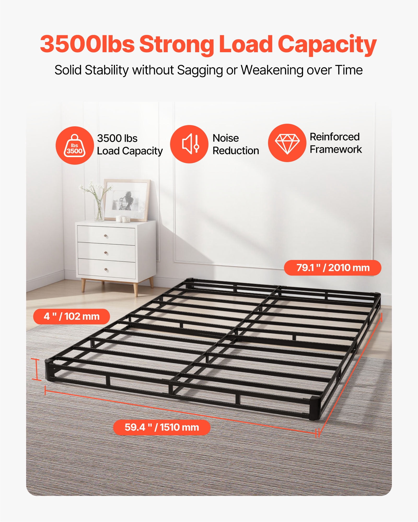 VEVOR Box Spring, Queen Size Bed Frame with Washable Fabric Cloth, Heavy Duty Metal Frame for Queen Bed, 4 in Mattress Foundation, 3500 lbs Max Weight Capacity, Easy Assembly,79.1 L x 59.4 W x 4 H in