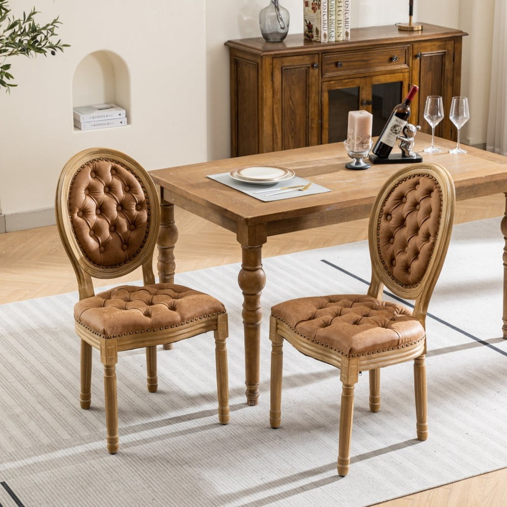 French Style Dining Chairs Set of 2, Solid Wood Upholstered Side Chairs with Tufted PU Leather, Nailhead Trim, Oval Back, Orange