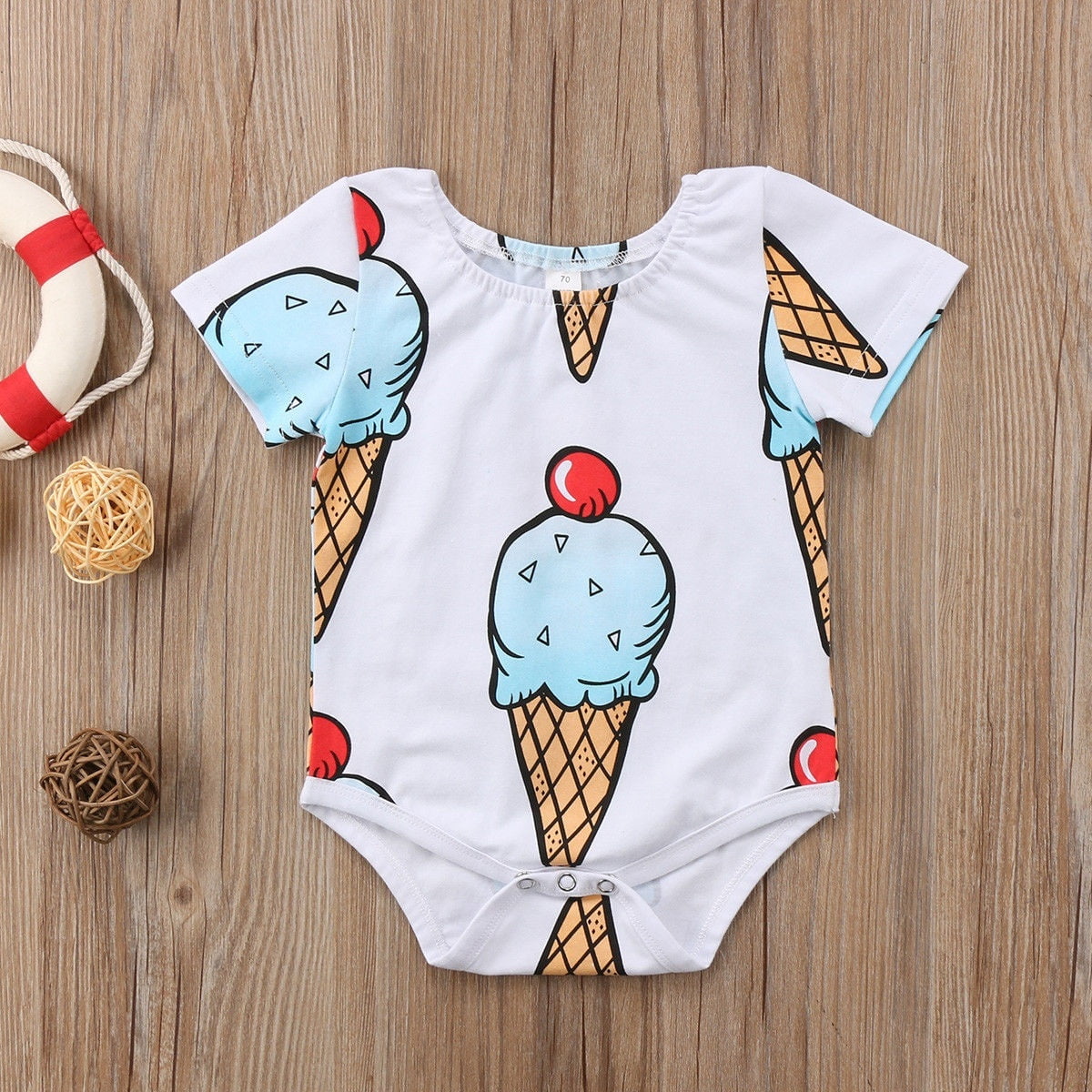 Sayoo Newborn Toddler Baby Girls Ice Cream Romper Bodysuit Jumpsuit Outfit Sunsuit Clothes White