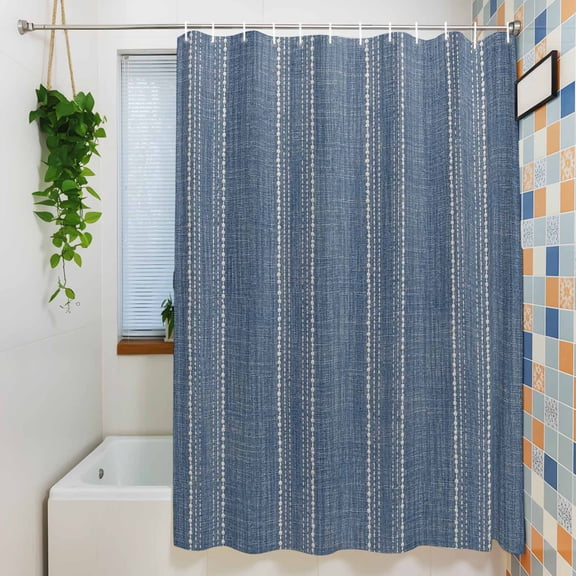 Shower Curtain, Denim Blue and White Striped Waterproof Polyester Fabric Bath Curtain with Hooks for Bathroom Bathtub Stalls, Modern Minimalist Lines 72x84IN