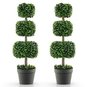Gymax 2 PCS 35'' Artificial Boxwood Topiary Tree Faux Greenery Plant Fake Tree for Decoration