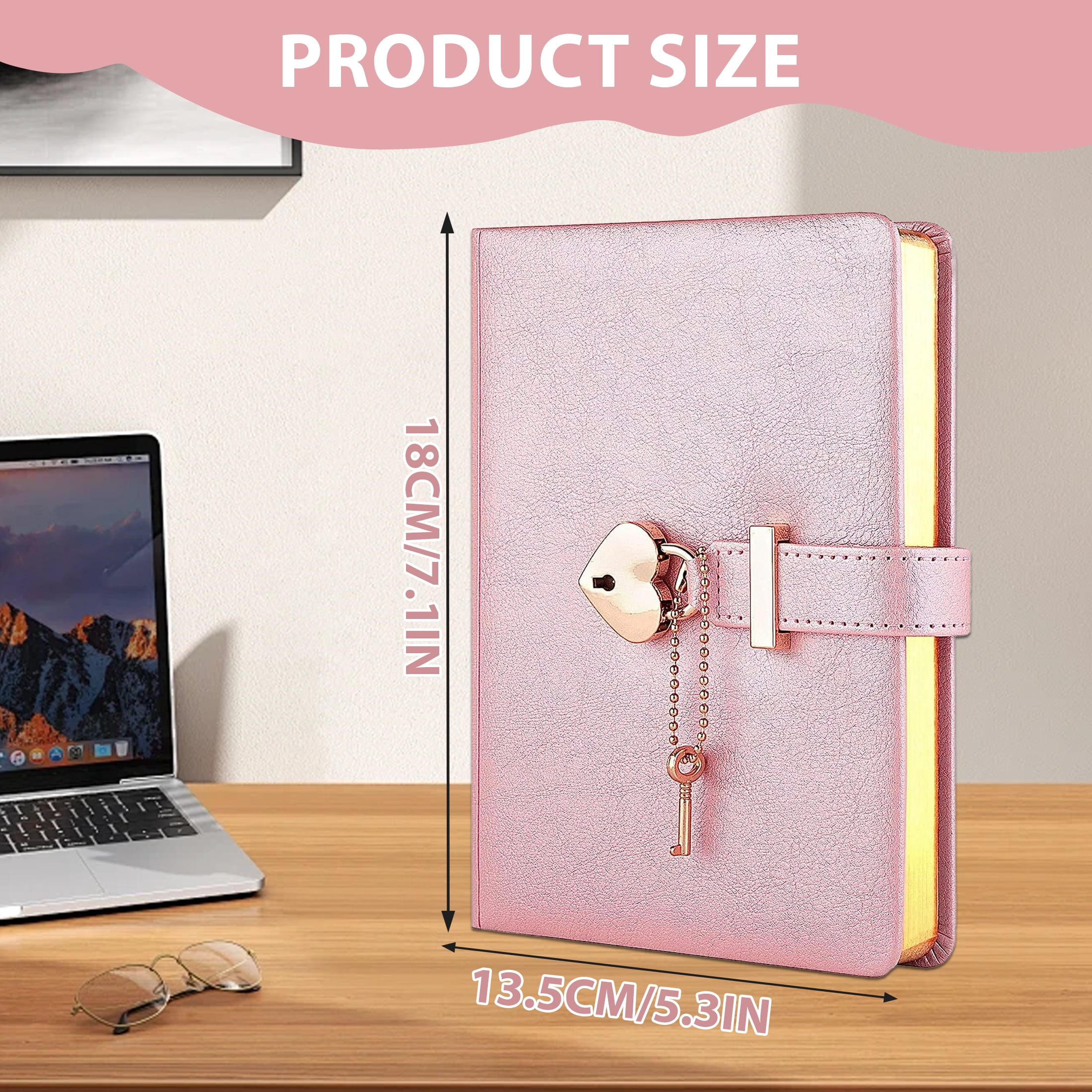 Lock Diary with Keys, B6 PU Leather Journal Notebook with Heart Lock, Lined Writing Journal with 144 Sheets for Personal Writing and Daily Use,Pink