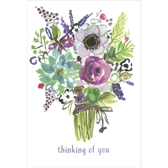 Pictura Bouquet of Purple, White, Blue and Green Flowers Tied with Gold Foil String Thinking of You Card