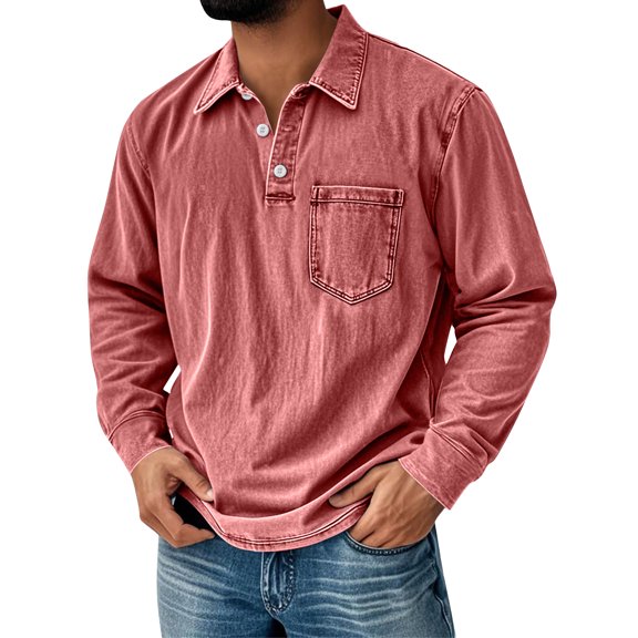 LTTVQM Men's Fall Tops Retro Lapel Button Pocket Casual Long Sleeve Polo Shirt with Pocket Pink L