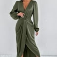 thumbnail image 4 of FRSASU Women's Wrap V Neck Long Sleeve Satin Midi Dress Split Hem Ruched Pleated formal Evening Party Dresses Green, 4 of 8