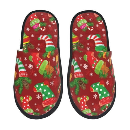 

Qekee X-mas and New Year print Slippers for Women and Men Fluffy Cute Cozy House Slipper Funny Furry Bedroom Slippers for Women Indoor -Large
