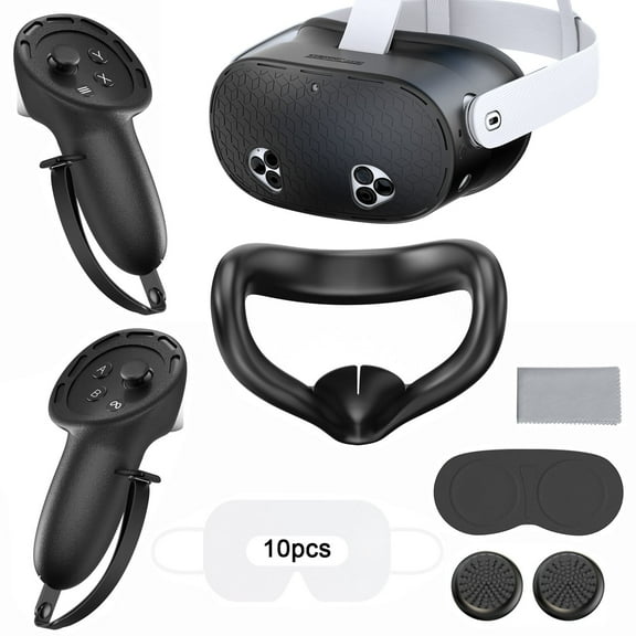 Silicone Cover Set Compatible with Meta Quest 3S Accessories, VR Protector Face Cover, Controller Grips, Front Shell Headset Cover and Lens Protective Cover for Oculus Quest 3S Accessories (Black)
