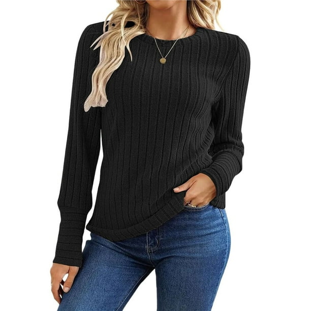 Camisas de Larga para Mujer, Tops de Moda de Otoño, Suéteres Elegantes de Cuello Redondo, Túnicas, Ropa de Invierno, Conjuntos Casuales Negro S