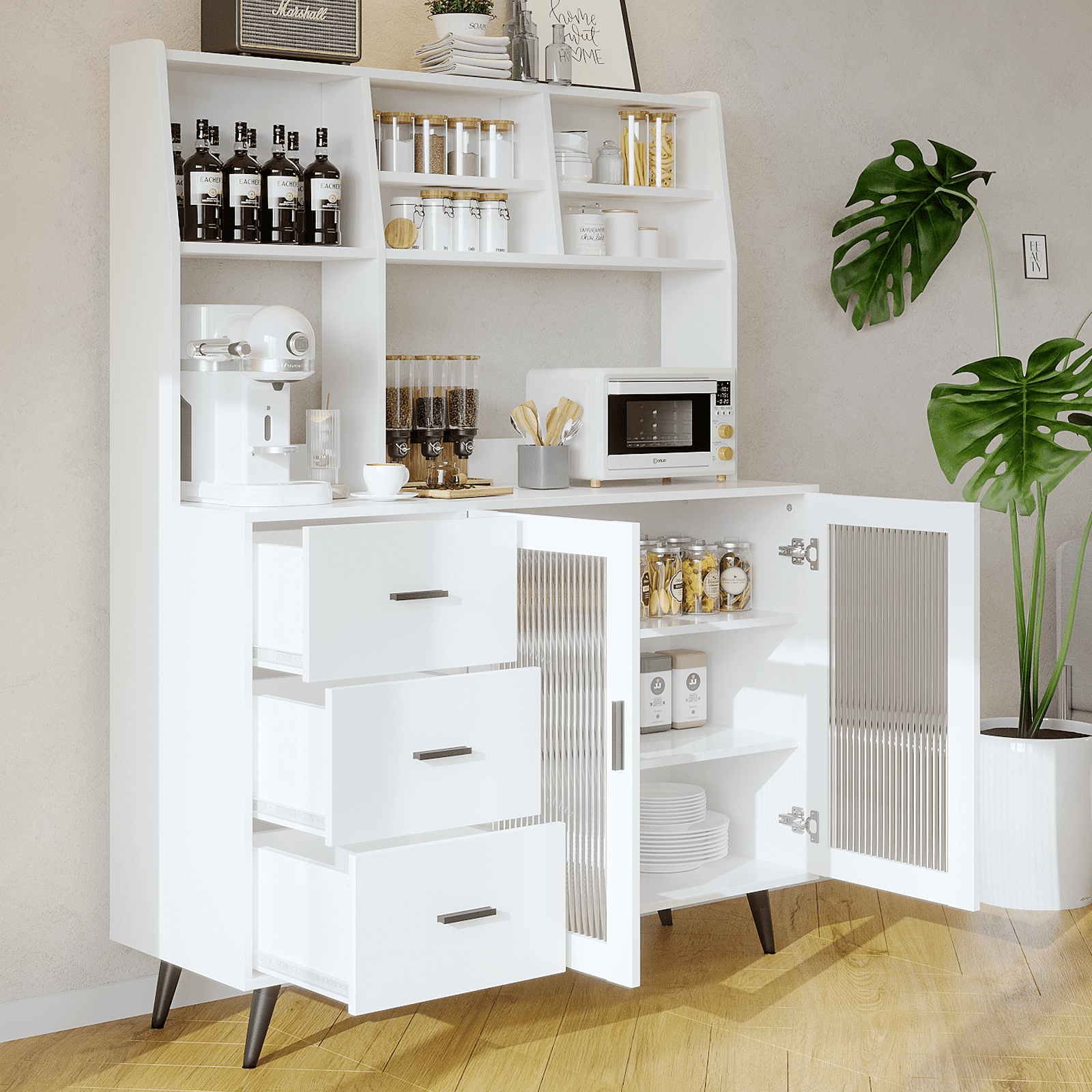 RichYa 59.6"H Kitchen Hutch Cabinet with Glass Door,Freestanding Pantry Storage Cabinets with Countertop & Adjustable Shelves for Dining Room,White