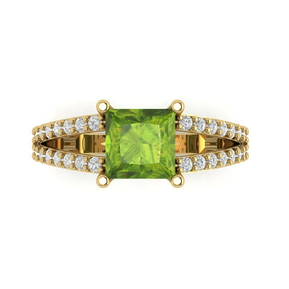 2.48ct Princess Cut Green Natural Peridot 14k Yellow Gold Engraving Statement Bridal Wedding Designer Ring Size 7.5