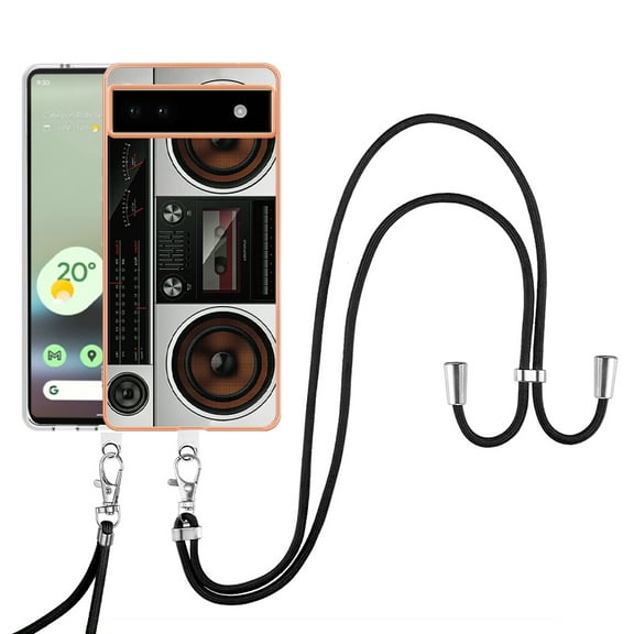 for Google Pixel 6a Crossbody Strap Phone Case, Anti-Fall Pattern Clear Design Transparent Soft & Flexible TPU Drop and Shockproof Protective Cover with Adjustable Nylon Neck Strap, Retro Radio
