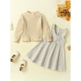 thumbnail image 2 of Kids Girls Fall Outfit, Long Sleeve Crew Neck Patchwork T-shirt with Plaid A-line Tank Dress Set, 2 of 8