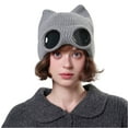 thumbnail image 3 of Aviator Style Knit Hat with Cat Ears, Fleece Lined Beanie with Attached Fake Sunglasses, Trendy and Humorous Cold-Weather Accessory for Ski Resorts and Parties. Gray, 3 of 5