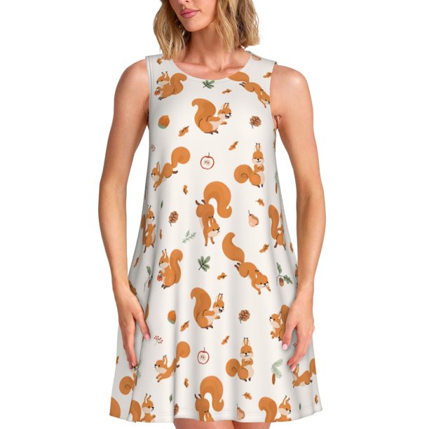 Fotbe Cute Squirrel Fall Vestido de Verano sin Mangas para Mujer – Vestido Midi Línea A, Estilo Camiseta Floral, Vestido Playero Casual y Fluido