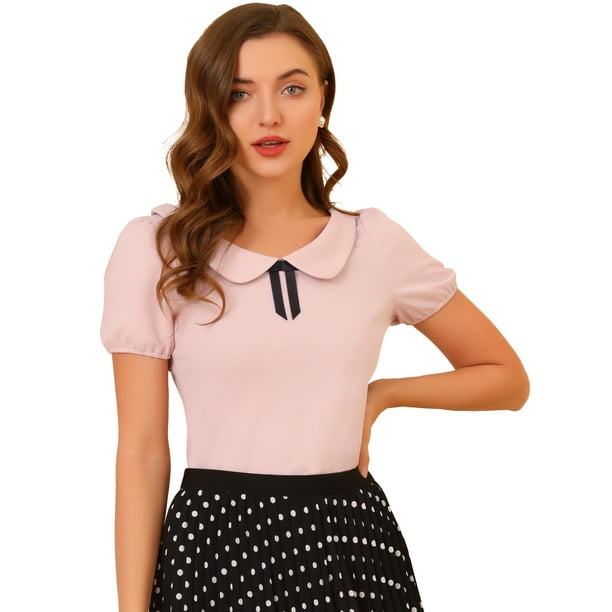 Top de blusa con decoracion de lazo elastico de manga corta con cuello plano para mujer Rosa XL Allegra K Blusa Walmart en linea