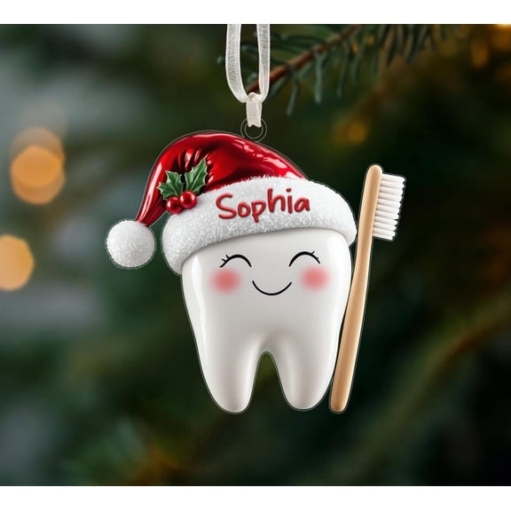Custom Tooth Christmas Ornament – Cute Tooth Ornament with Santa Hat, Kids Tooth Keepsake, Dentist Office Holiday Decor, Christmas Gift for Kids